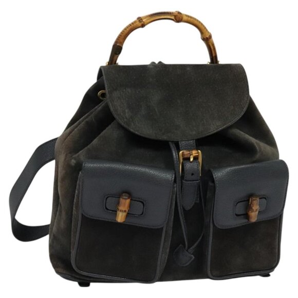 GUCCI Bamboo Backpack Suede Black Gold Auth - Picture 1 of 16